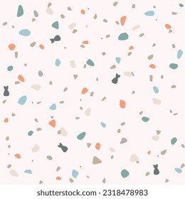 Terrazzo flooring vector seamless pattern in dark colors. Cute stone pattern with cat silhouette.