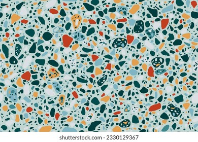 Terrazzo flooring vector seamless pattern in cool colors. Texture of classic italian floor type in venetian style, composed of natural stone, granite, quartz, marble, glass and concrete