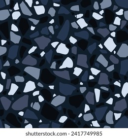 Vector de parqué Terrazzo sin fisuras en colores negros. Textura del suelo de mosaico con piedras naturales, granito, mármol, piedra caliza, hormigón