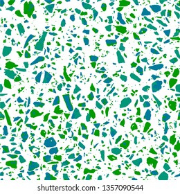 Terrazzo flooring white seamless pattern. Texture of cyan natural stone, granite, quartz, marble, glass. Abstract background. Tiles illustration. Modern surface. Textile - Vector