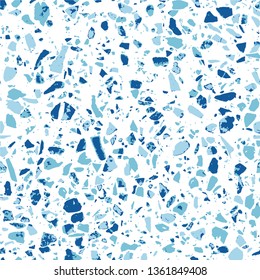 Terrazzo flooring white seamless pattern. Texture of blue natural stone, granite, quartz, marble, glass. Abstract background. Tiles illustration. Modern surface. Textile - Vector