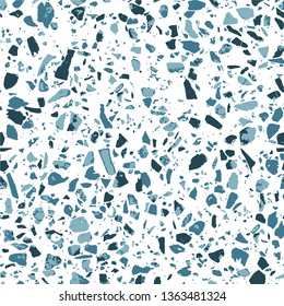 Terrazzo flooring white seamless pattern. Texture of blue natural stone, granite, quartz, marble, glass. Abstract background. Tiles illustration. Modern surface. Textile - Vector