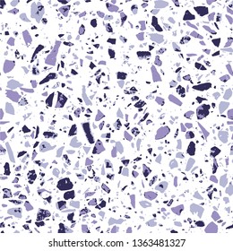 Terrazzo flooring white seamless pattern. Texture of purple natural stone, granite, quartz, marble, glass. Abstract background. Tiles illustration. Modern surface. Textile - Vector