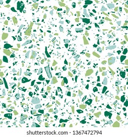Terrazzo flooring white seamless pattern. Texture of green natural stone, granite, quartz, marble, glass. Abstract background. Textile - Vector