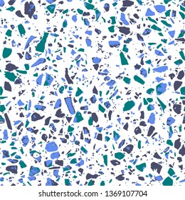 Terrazzo flooring white seamless pattern. Texture of blue natural stone, granite, quartz, marble, glass. Abstract background. Tiles illustration. Modern surface. Textile - Vector