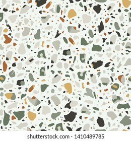 Terrazzo flooring white seamless pattern. Vector stone, marble texture, modern surface. Abstract background