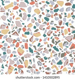 Terrazzo flooring, white seamless pattern. Gray background texture. Abstract vector design for print on floor, wall or textile