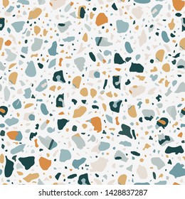 Terrazzo flooring white seamless pattern. Vector stone, marble texture, modern surface. Abstract background