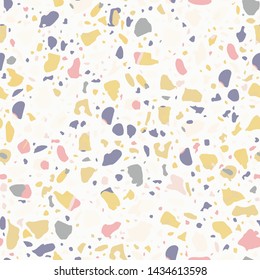 Terrazzo flooring white seamless pattern. Vector stone, marble texture, modern surface. Abstract background