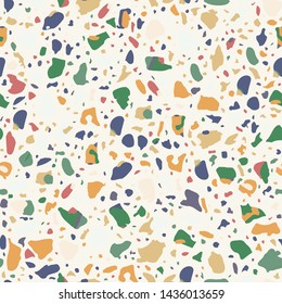 Terrazzo flooring white seamless pattern. Vector stone, marble texture, modern surface. Abstract background