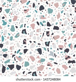Terrazzo flooring white seamless pattern. Vector stone, marble texture, modern surface. Abstract background