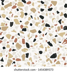 Terrazzo flooring, white seamless pattern. Gray background texture. Abstract vector design for print on floor, wall or textile