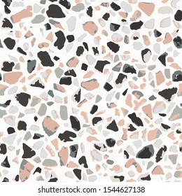 Terrazzo flooring, white seamless pattern. Gray background texture. Abstract vector design for print on floor, wall or textile