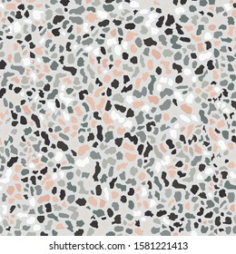 Terrazzo flooring, white seamless pattern. Gray background texture. Abstract vector design for print on floor, wall or textile