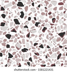 Terrazzo flooring, white seamless pattern. Gray background texture. Abstract vector design for print on floor, wall or textile