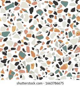 Terrazzo flooring, white seamless pattern. Gray background texture. Abstract vector design for print on floor, wall or textile