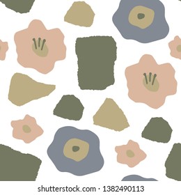 Terrazzo and flowers. Seamless pattern with abstract flowers, leaves and terrazzo elements. Hand drawn style background. Perfect for branding, packaging, textile and social media.