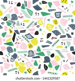 Terrazzo funny seamless pattern. Trendy abstract print. Vector hand drawn illustration.