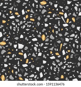 Terrazzo golden seamless pattern. Vector stone realistic particles. Italian pattern for decoration. Use for wallpaper, packaging, background and textile.
