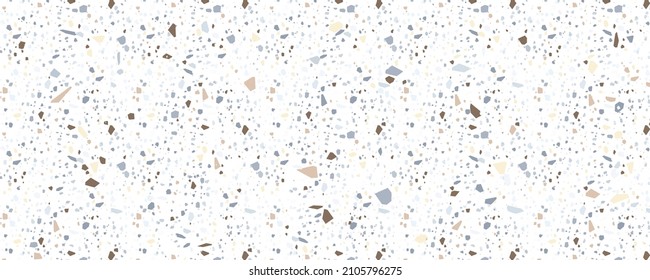 Terrazzo holizontal background. Trendy pale blue and beige pastel colours. Interior modern texture cover. Vector illustration.