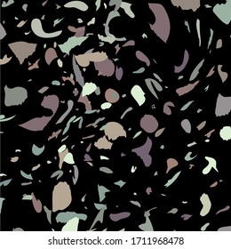 Terrazzo imitation seamless pattern background. Abstract vector texture design for print on floor wall, tile or textile, interior decoration. Trendy abstract vector illustration Pastel colors on black
