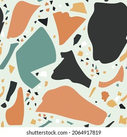 Patrón ininterrumpido de imitación de Terrazzo. Textura de mármol realista con fragmentos de piedra. Baldosas minimalistas modernas para la decoración interior. Ilustración vectorial abstracta de moda
