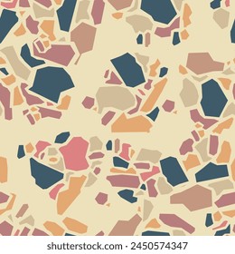 Terrazzo imitation seamless pattern. Realistic marble texture with stone fragments. Colorful floor tile for interior decoration. Abstract vector illustration.