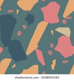 Terrazzo imitação padrão sem costura. Textura de mármore realista com fragmentos de pedra. Ladrilho de piso moderno para decoração de interiores. Ilustração vetorial abstrata.