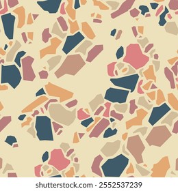 Terrazzo imitation seamless pattern. Realistic marble texture with stone fragments. Colorful floor tile for interior decoration. Abstract vector illustration.