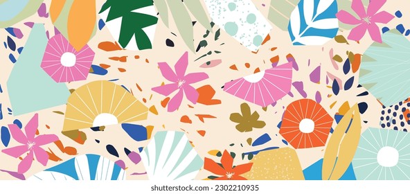 Terrazzo inspired vector background with scattered abstract shapes, chips, leaves, flowers and other botanical elements. Random cutout forms collage, ornamental texture, cute decorative pattern
