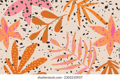 Terrazzo inspired vector background with scattered abstract shapes, chips, leaves, flowers and other botanical elements. Random cutout forms collage, ornamental texture, cute decorative pattern