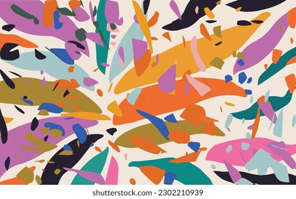 Terrazzo inspired vector background with scattered abstract shapes, chips, fragments and other colorful elements. Random cutout forms collage, ornamental texture, cute decorative pattern