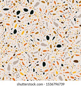 Terrazzo Italian flooring venetian style seamless pattern. Granite fragments texture. Scattered stone pieces decorative backdrop. Textile, tile design, fabric print, wrapping paper, wallpaper. Vector