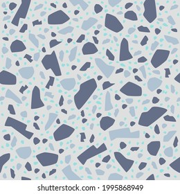 Terrazzo luxury style vector seamless pattern. Minimal natural color. Spirit of Nature concept. Gray geometric shape marble, stone, granite, glass on barely blue background. Stone tile. Floor design.