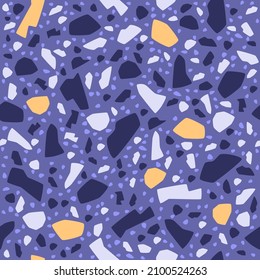 Terrazzo luxury style vector seamless pattern. Geometric shape marble, stone, granite, glass on Very Peri purple trendy color background. Stone tile. Floor, wall, fabric or paper premium design.