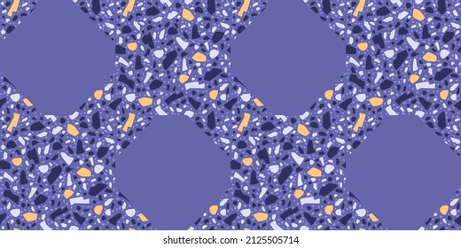 Terrazzo luxury style vector seamless pattern. Geometric shape marble, stone, granite on Very Peri purple color background. Flooring, wallpaper, fabric, paper, rug, tile design. Linoleum textured.