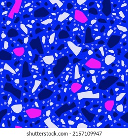 Estilo de lujo Terrazzo vectorial sin fisuras. Mármol de forma geométrica, piedra sobre fondo azul brillante. Baldosa de piedra. Diseño de suelo, pared, tela o papel de primera calidad. Color de neón rosado. Decoración de tapices.