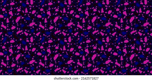 Terrazzo luxury style vector seamless pattern. Marble, stone, granite, pink and blue glass on dark background. Bright tile. Floor, wall, fabric, paper, rug premium print design. Magenta hue. Violet