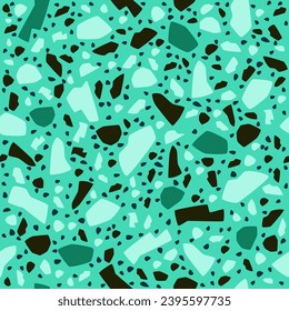 Estilo de lujo Terrazzo vectorial sin fisuras. Mármol de forma geométrica, piedra sobre fondo de color verde agua. Piedra nueva azulejo. Diseño de suelo, pared, tela o papel de primera calidad. Color neón. Decoración de tapices.