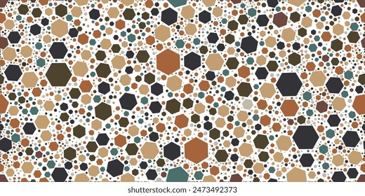 Terrazzo marble stone tile, hexagon honeycomb mosaic floor pattern, terazzo texture background. Vector italian white marble terazo rock or ceramic tile with seamless pattern of color granite pieces