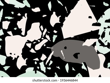 Terrazzo modern abstract template. Black, green and pink texture of classic italian flooring. Background made of stones, granite, quartz, marble, concrete.  Venetian terrazzo trendy vector backdrop