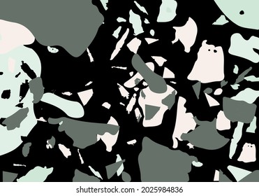 Terrazzo modern abstract template. Black, green and pink texture of classic italian flooring. Venetian terrazzo trendy vector backdrop Background made of stones, granite, quartz, marble, concrete. 