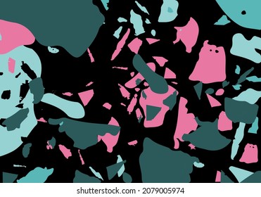 Plantilla abstracta moderna de Terrazzo. Textura negra, verde y rosa del suelo italiano clásico. Fondo de piedra, granito, cuarzo, mármol, hormigón.  Fondo vectorial de moda de terrazo veneciano