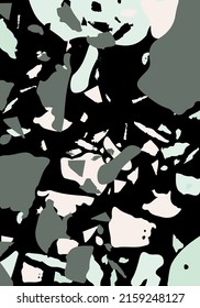 Terrazzo modern abstract template. Black, green and pink texture of classic italian flooring. Background made of stones, granite, quartz, marble, concrete.  Venetian terrazzo trendy vector backdrop