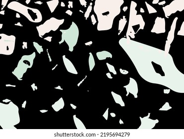 Terrazzo modern abstract template. Black, green and pink texture of classic italian flooring. Background made of stones, granite, quartz, marble, concrete.  Venetian terrazzo trendy vector backdrop