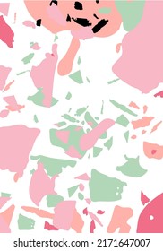 Terrazzo modern abstract template. Pink and green texture of classic italian flooring. Background made of stones, granite, quartz, marble, concrete.  Venetian terrazzo trendy vector backdrop