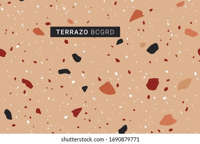 Terrazzo modern print background. Different shapes seamless pattern. Marble texture. Burnt orange trendy warm terracotta color palette. Italian style. Vector illustration.