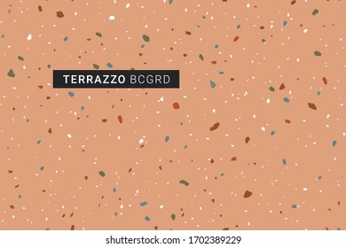 Terrazzo modern print background. Different shapes seamless pattern. Natural stone, granite, marble texture. Colorful trendy palette. Vector illustration.