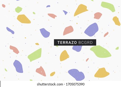 Terrazzo modern print background. Different shapes seamless pattern. Marble texture. Colorful trendy palette. Italian style. Vector illustration.
