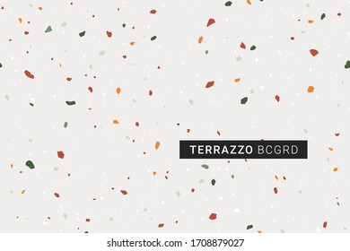 Terrazzo modern print background. Different shapes seamless pattern. Natural stone, granite, marble texture. Colorful trendy palette. Vector illustration.